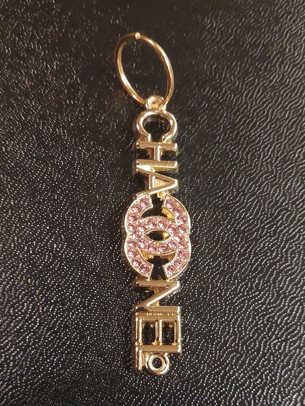 CC Gold-tone Pink Crystal Logo Charm Pendant